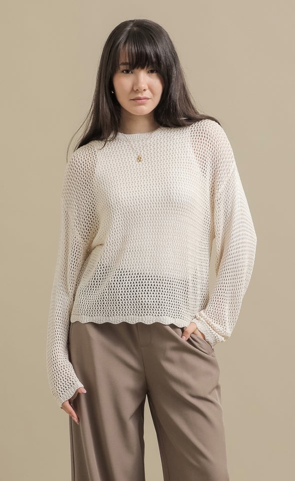Open Knit Sweater with Scallop Trim Natural