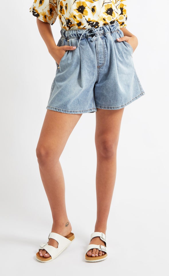 Paperbag Waist Denim Shorts Light Blue