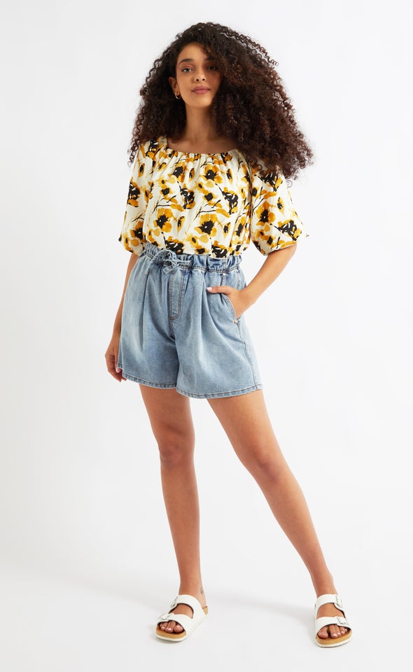 Paperbag Waist Denim Shorts Light Blue