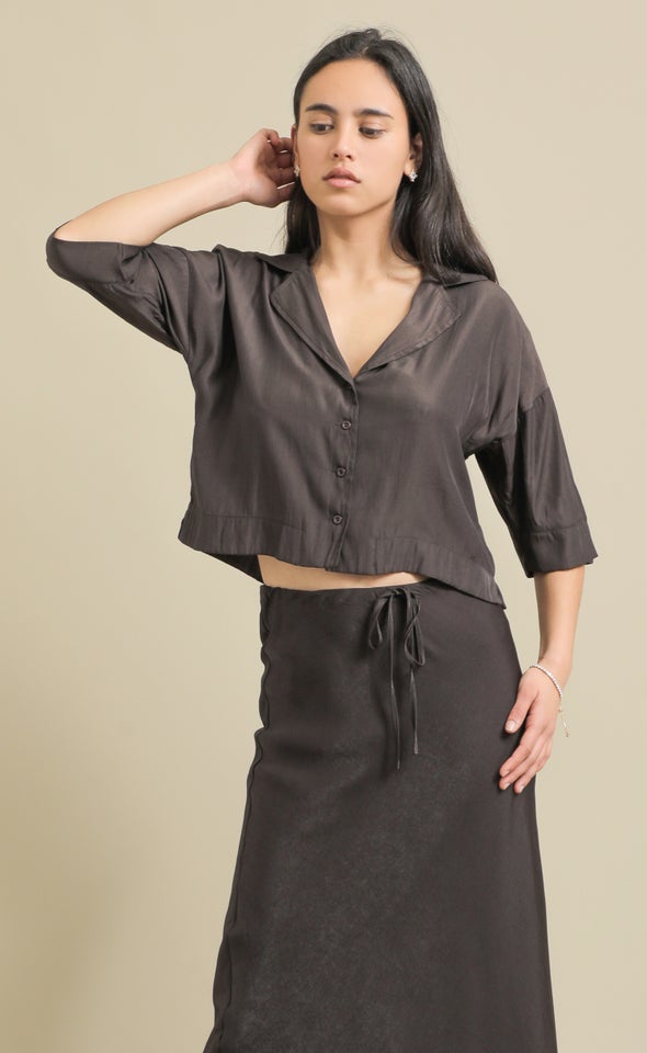 Peached Poplin Cropped Shirt Espresso