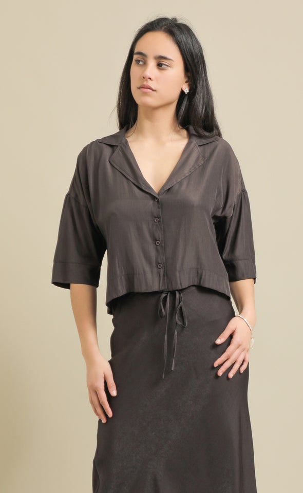 Peached Poplin Cropped Shirt Espresso