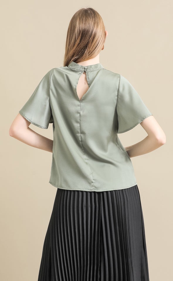 Peached Satin High Neck Top Sage