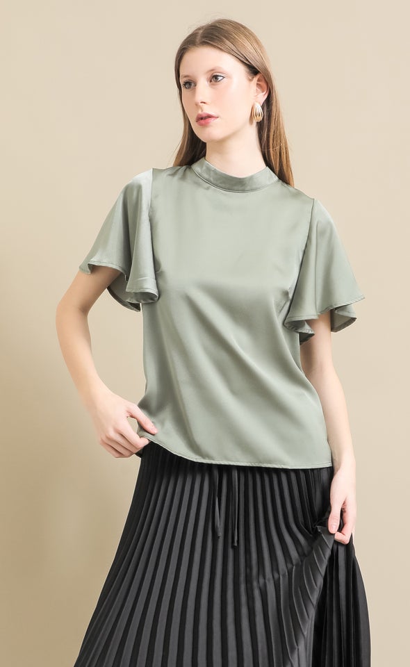 Peached Satin High Neck Top Sage