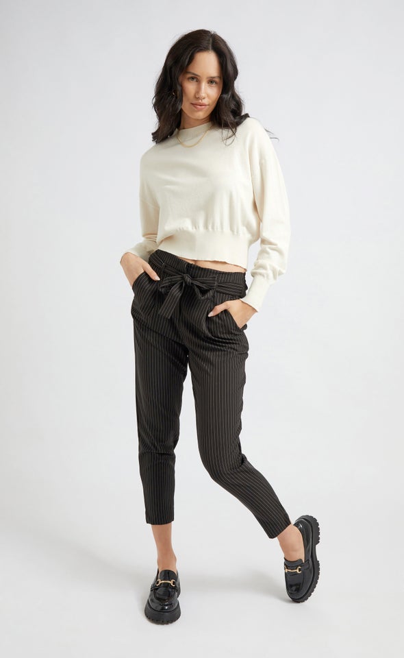 Pinstripe Tie Waist Pants Black