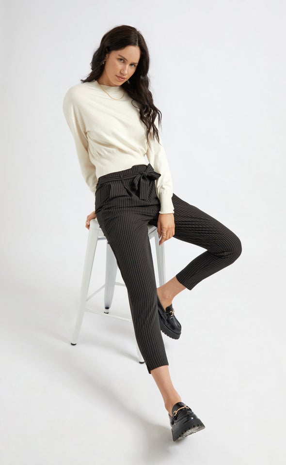 Pinstripe Tie Waist Pants Black