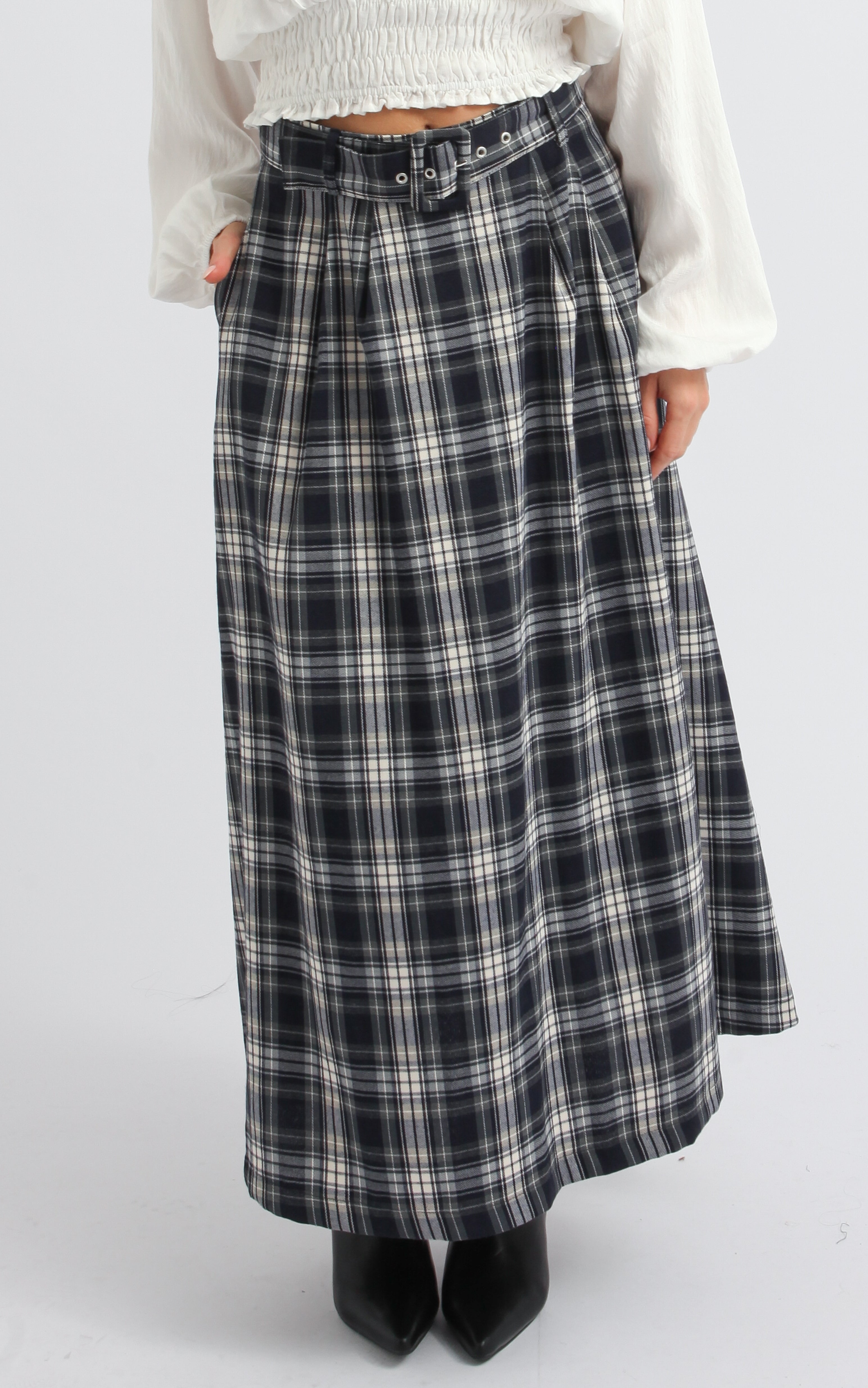 Shop our Plaid Suiting Midi Skirt with Belt in Navy check | Pagani