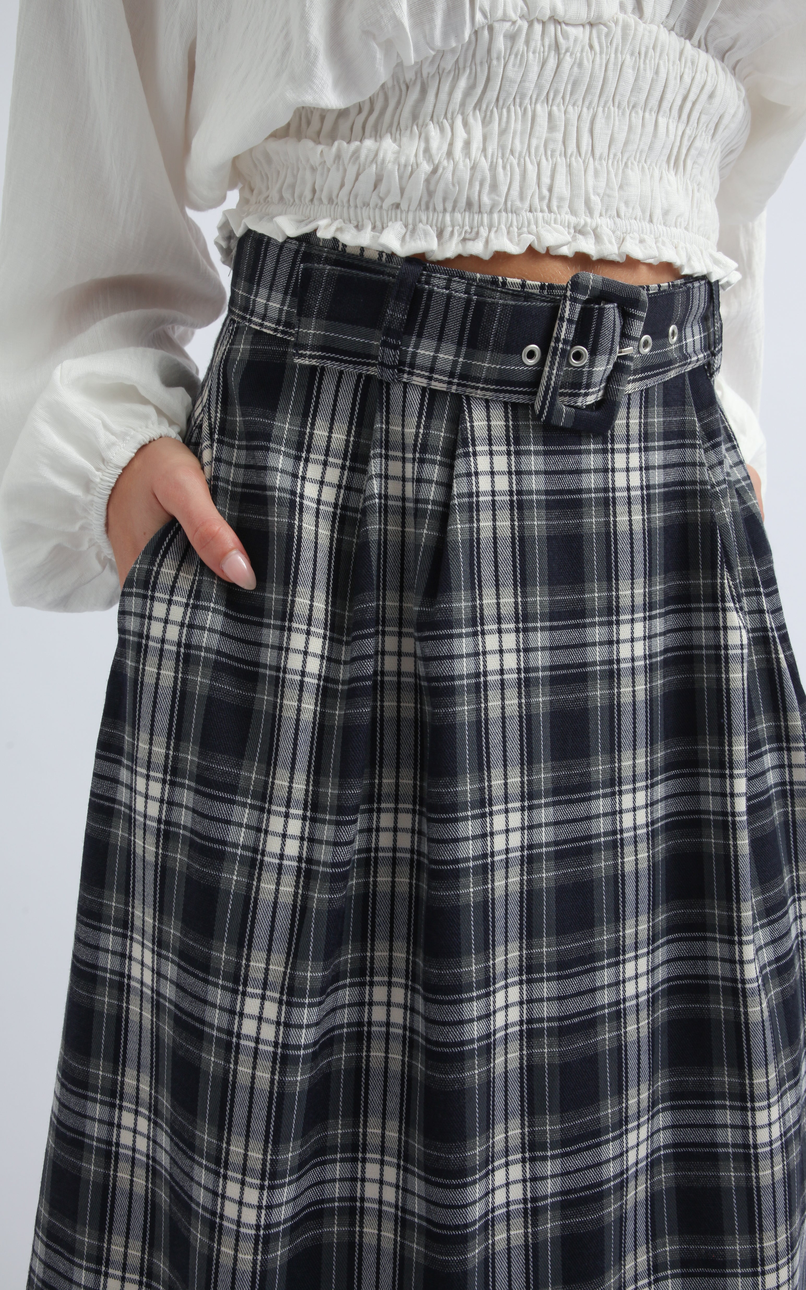 Shop our Plaid Suiting Midi Skirt with Belt in Navy check | Pagani