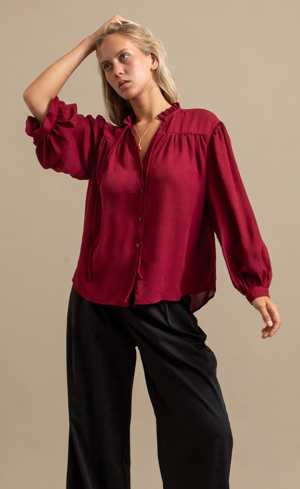 Plain CDC Ruffle Collar Shirt Aubergine