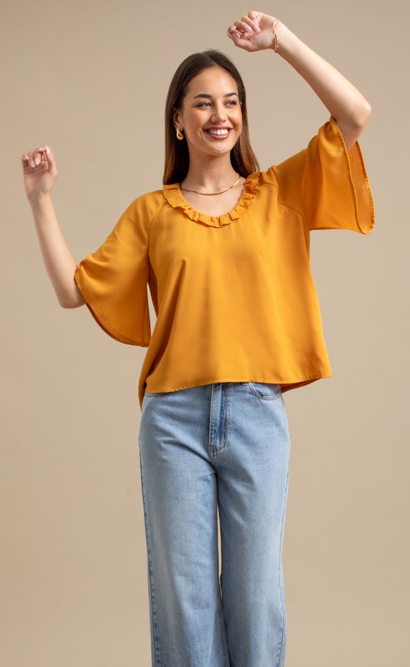 Plain CDC Ruffle Top Ochre