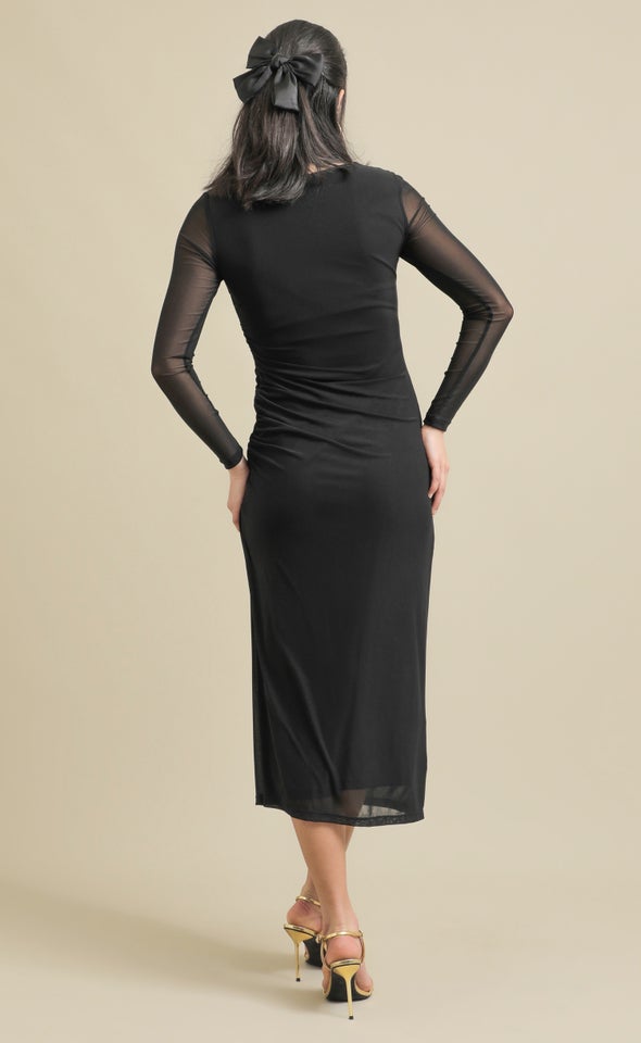 Plain Mesh LS Ruched Midi Dress Black