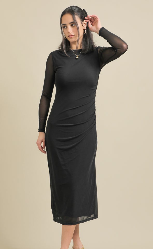 Plain Mesh LS Ruched Midi Dress Black