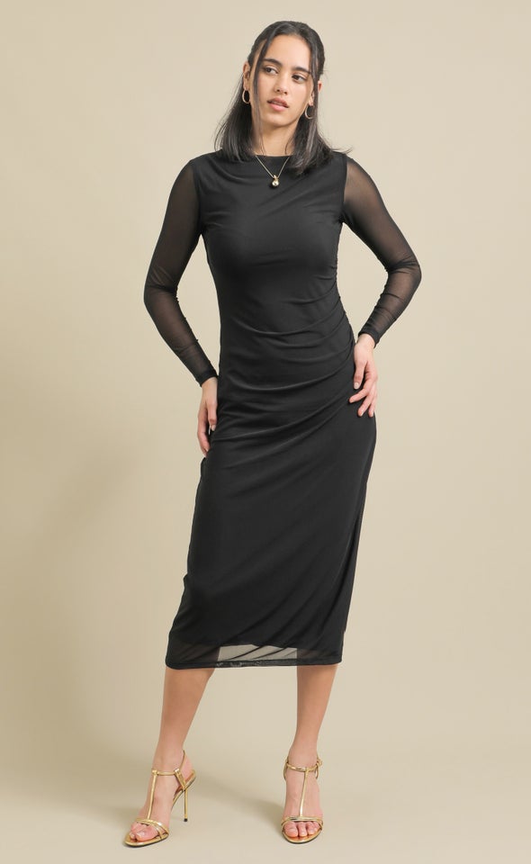 Plain Mesh LS Ruched Midi Dress Black
