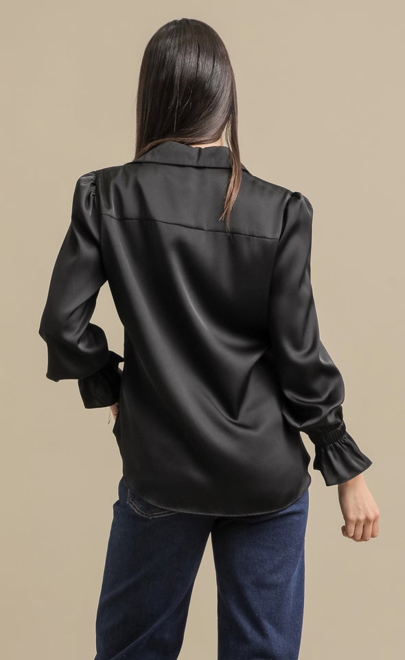 Plain Satin Gathered Sleeve Shirt Black