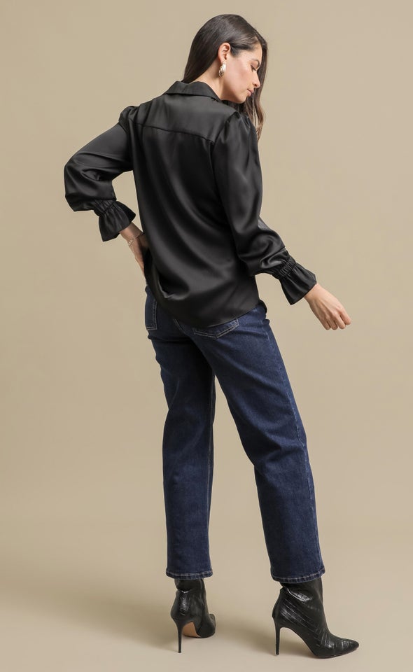 Plain Satin Gathered Sleeve Shirt Black