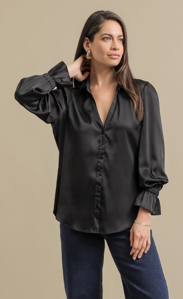 Plain Satin Gathered Sleeve Shirt Black