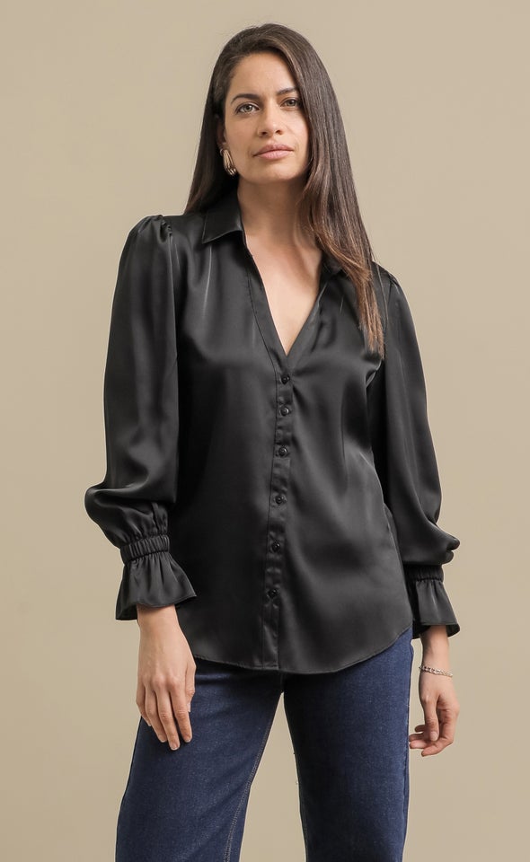 Plain Satin Gathered Sleeve Shirt Black