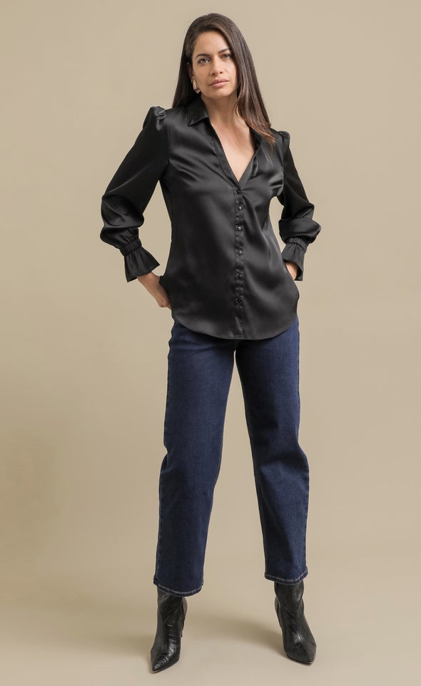 Plain Satin Gathered Sleeve Shirt Black