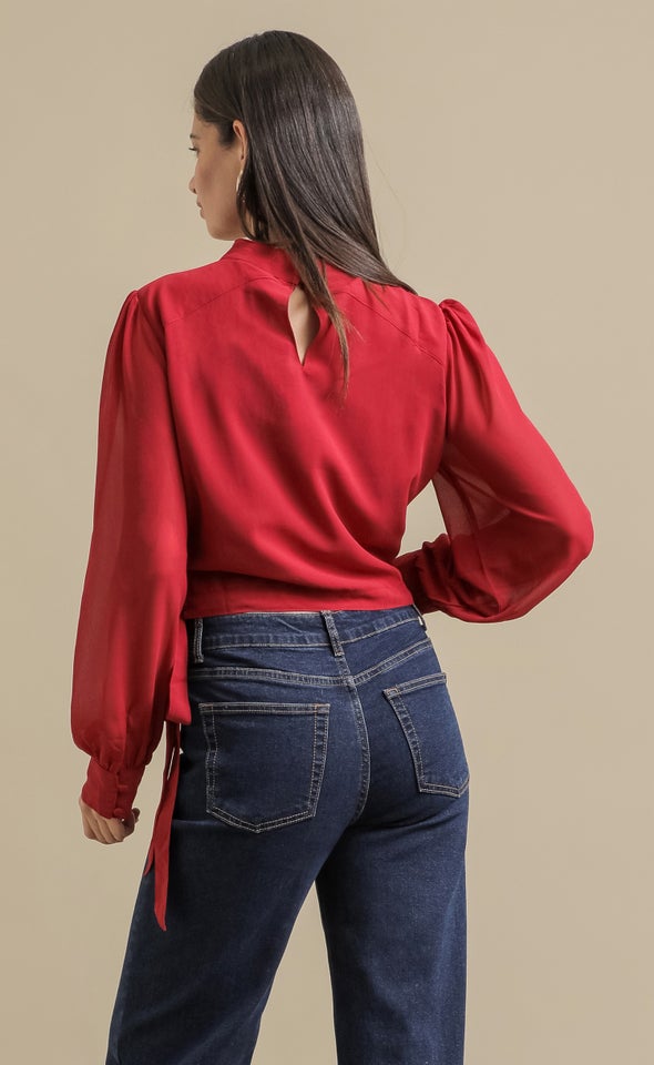 Pleat Chiffon LS Top Cerise