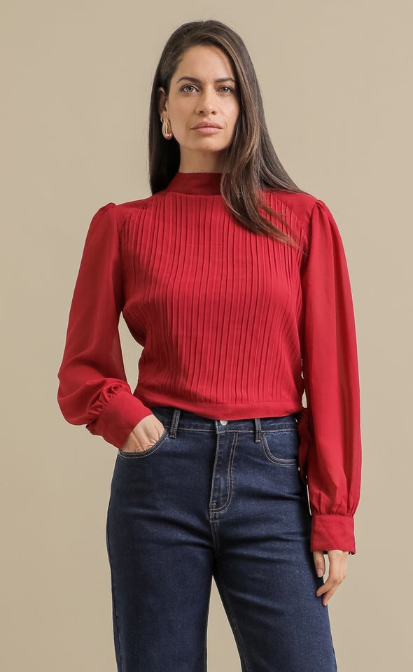 Pleat Chiffon LS Top Cerise