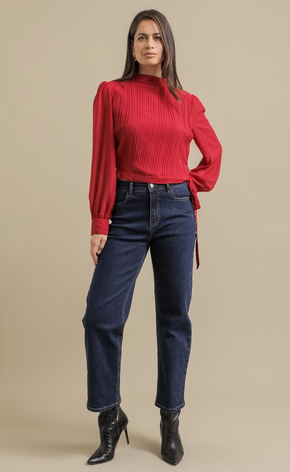Pleat Chiffon LS Top Cerise