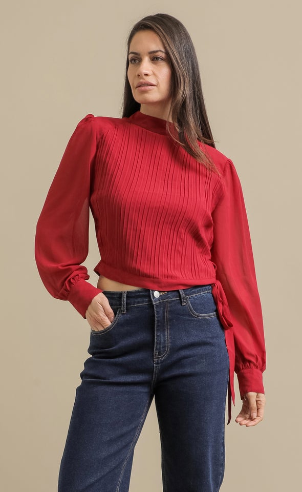 Pleat Chiffon LS Top Cerise
