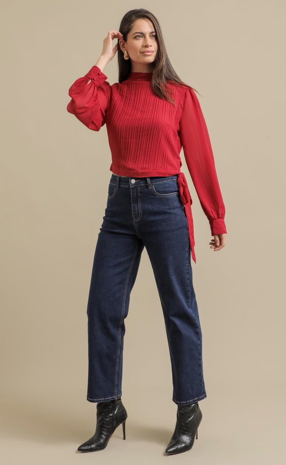 Pleat Chiffon LS Top Cerise