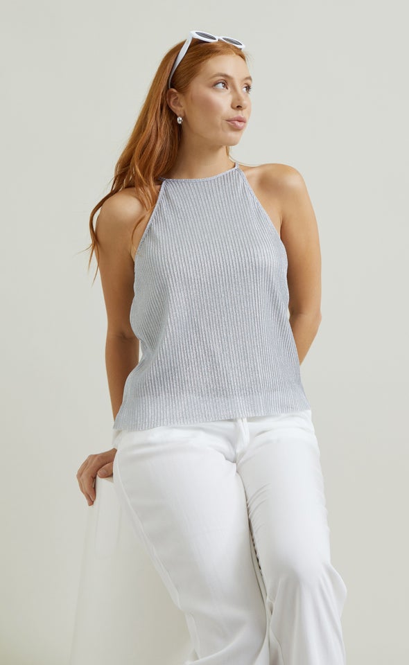 Pleated Glitter Mesh Top Metallic