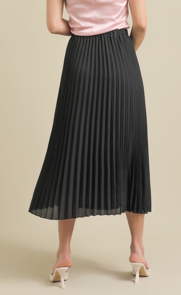 Pleated Midi Skirt with Elastic Waist Black