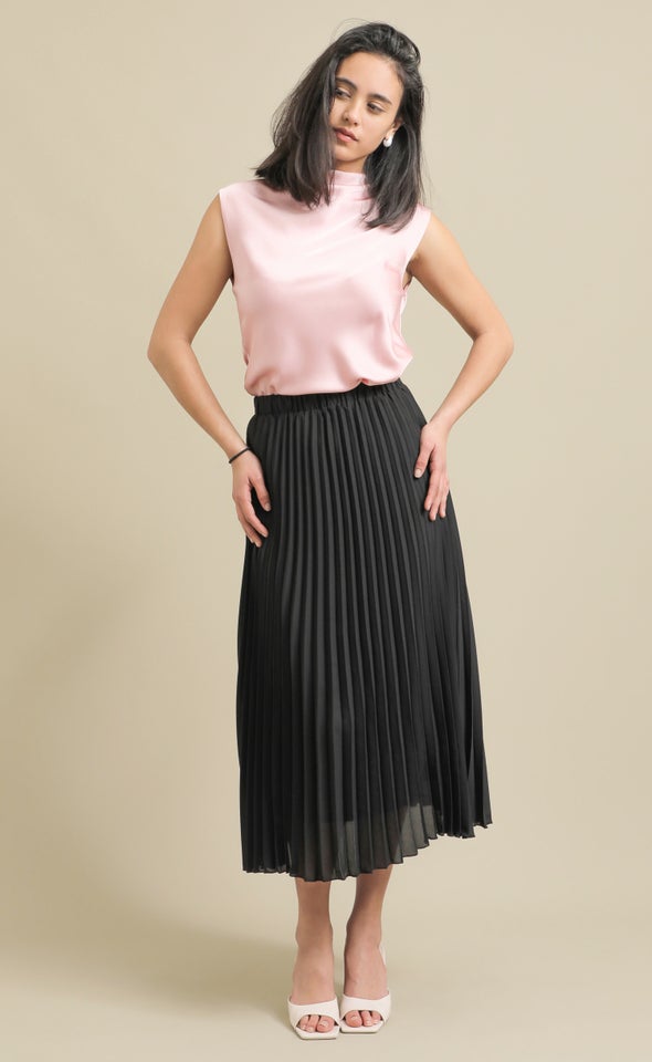 Pleated Midi Skirt with Elastic Waist Black