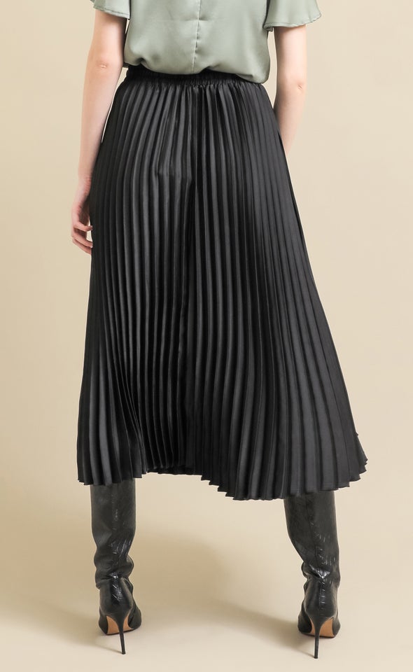 Pleated Satin Midi Skirt Black