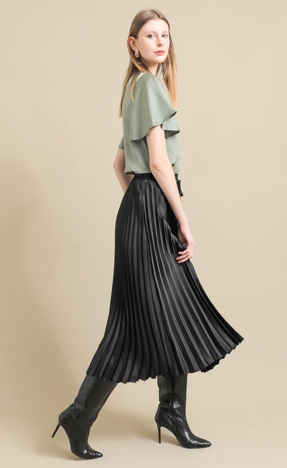 Pleated Satin Midi Skirt Black