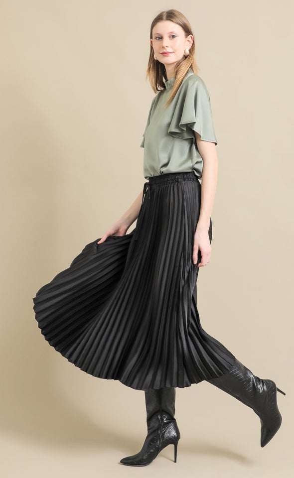 Pleated Satin Midi Skirt Black