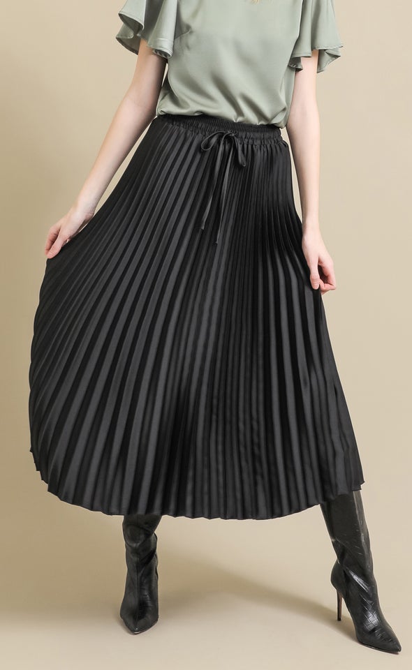Pleated Satin Midi Skirt Black