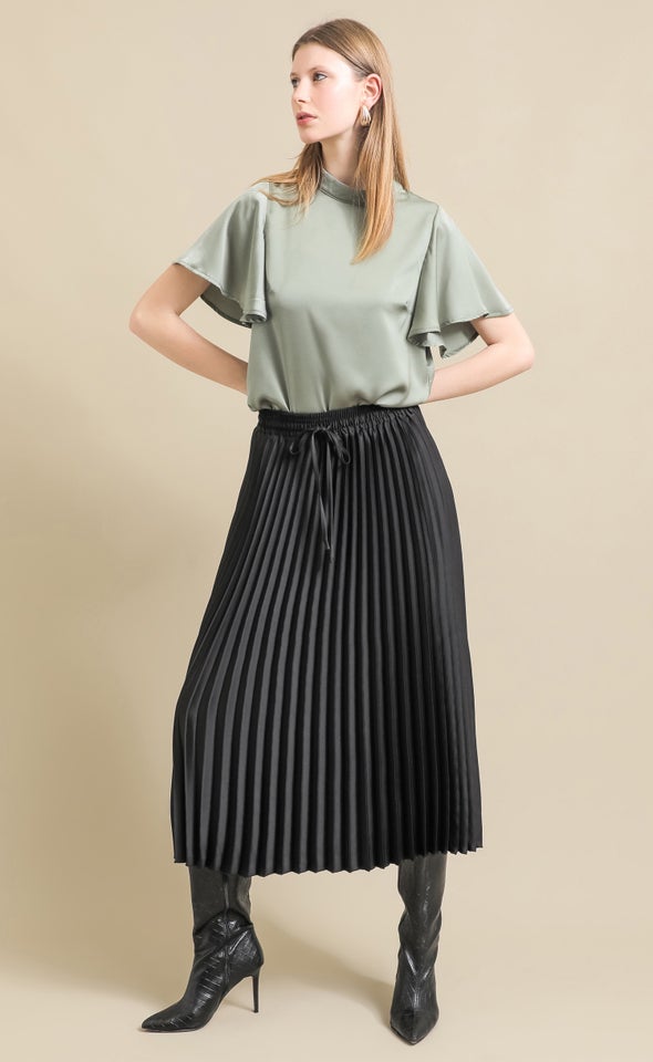 Pleated Satin Midi Skirt Black