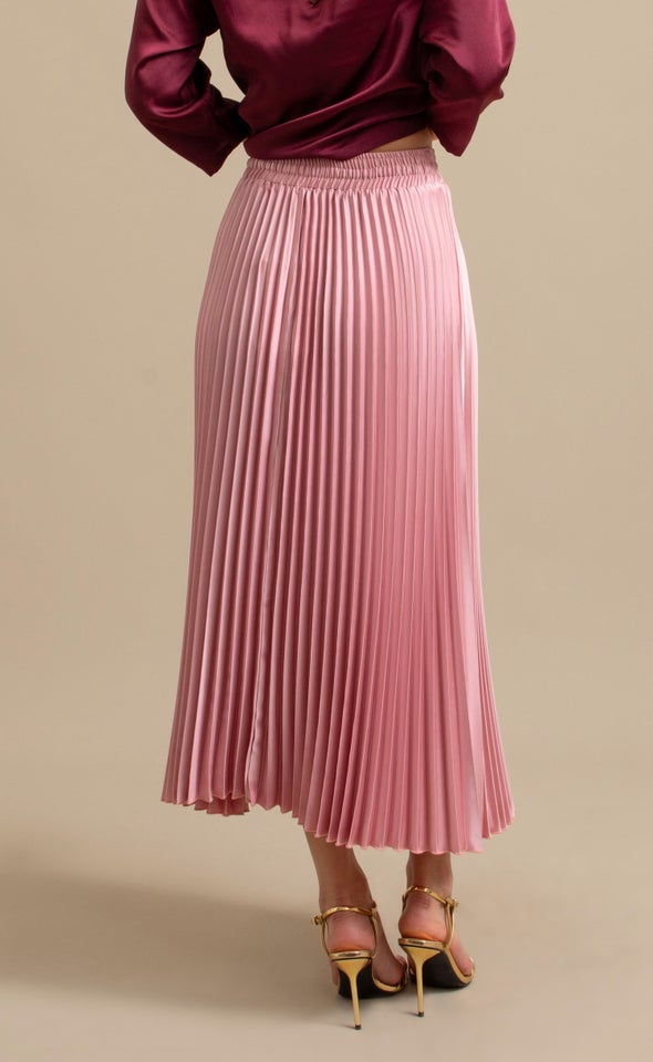 Pleated Satin Midi Skirt Blush