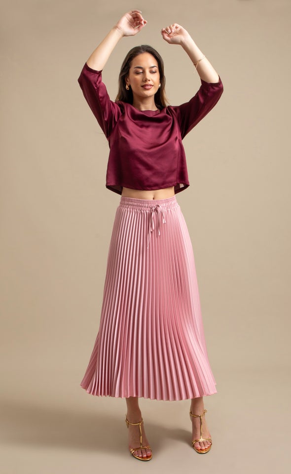 Pleated Satin Midi Skirt Blush