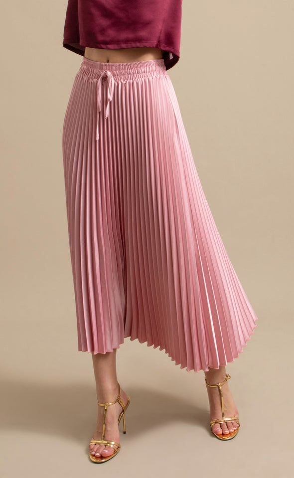 Pleated Satin Midi Skirt Blush