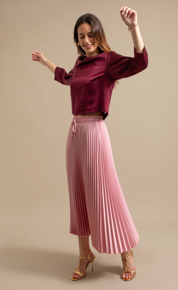 Pleated Satin Midi Skirt Blush