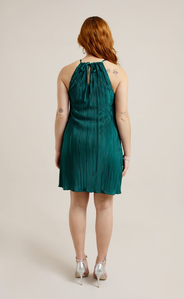 Plisse Halter Mini Dress Emerald