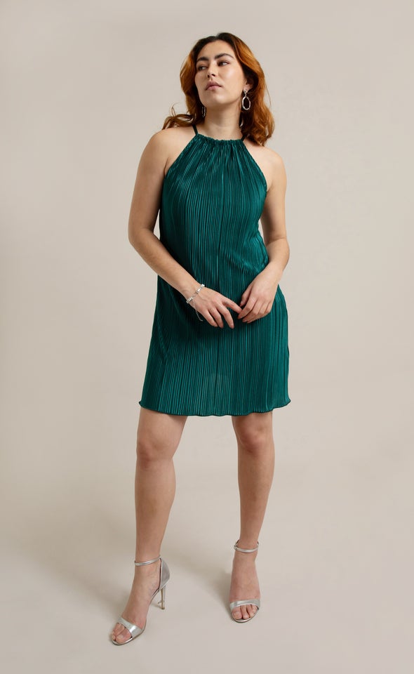 Plisse Halter Mini Dress Emerald