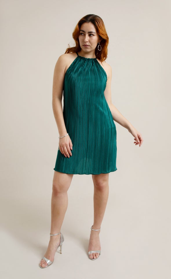 Plisse Halter Mini Dress Emerald