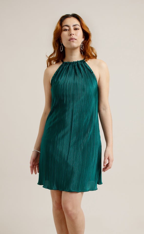 Plisse Halter Mini Dress Emerald