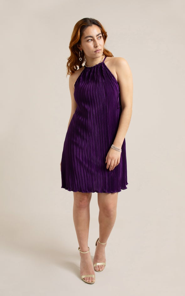 Plisse Halter Mini Dress Purple