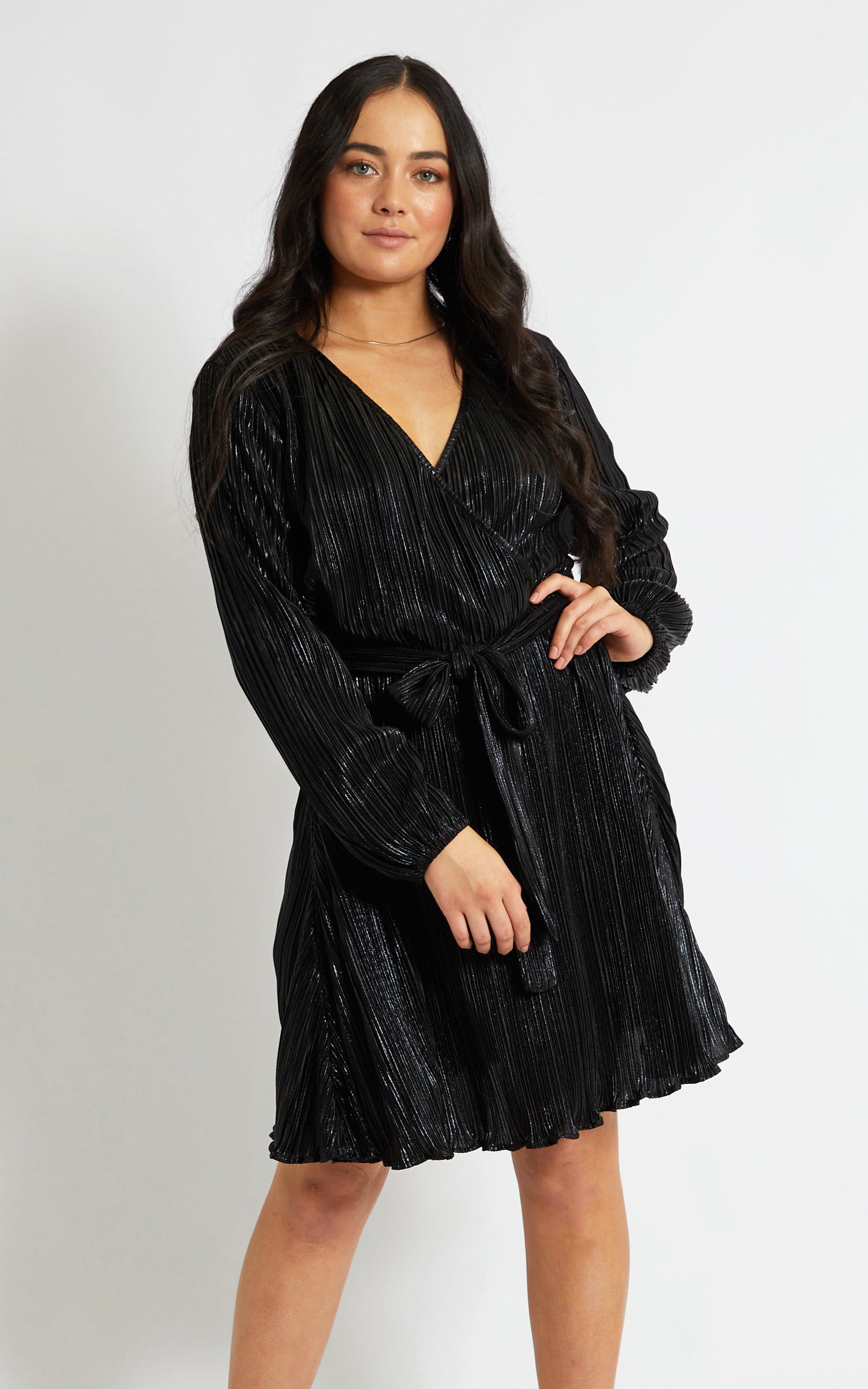 navy plisse wrap front mini dress
