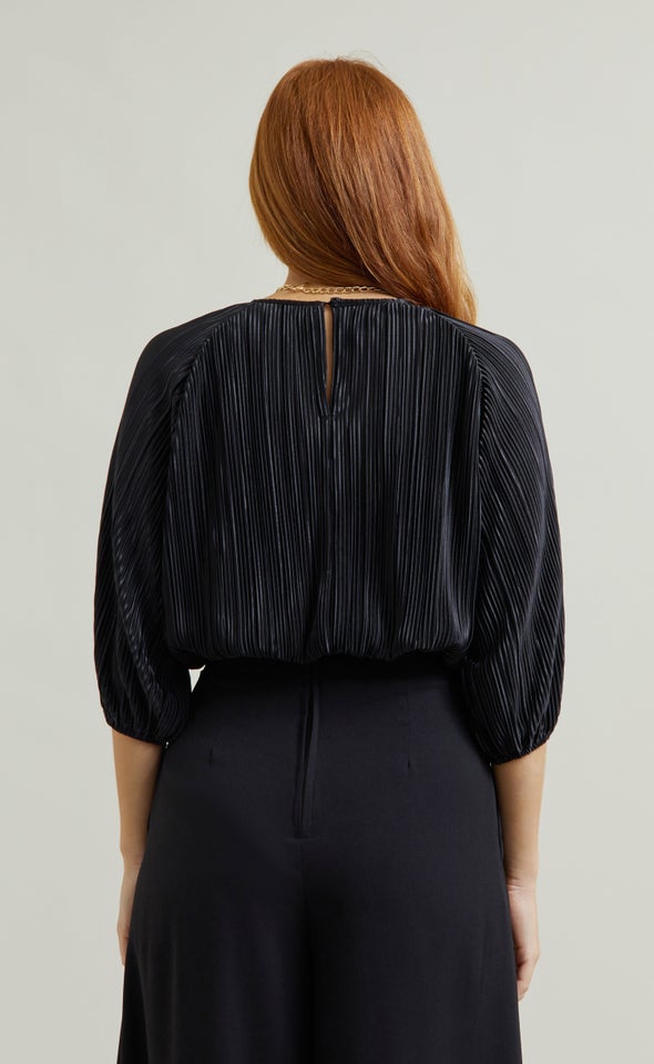Plisse Puff Sleeve Top Black
