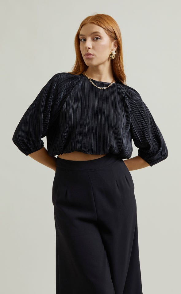 Plisse Puff Sleeve Top Black