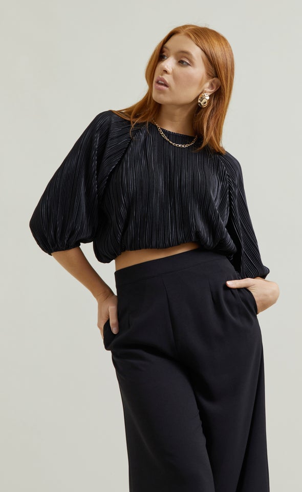 Plisse Puff Sleeve Top Black