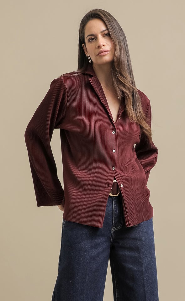 Plisse Relaxed Shirt Aubergine