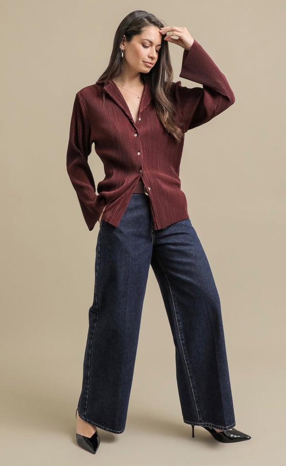Plisse Relaxed Shirt Aubergine
