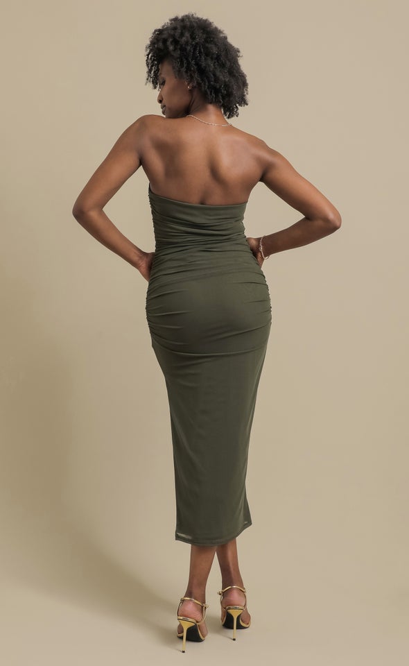Pln Mesh Ruched Strapless Dress Olive